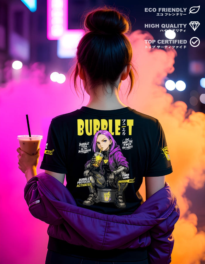 Model wearing a black cyberpunk t-shirt with a bold anime girl design drinking bubble tea. Futuristic graphics, robotic legs, and Japanese lettering create a unique streetwear style. Eco-friendly and high-quality certified.