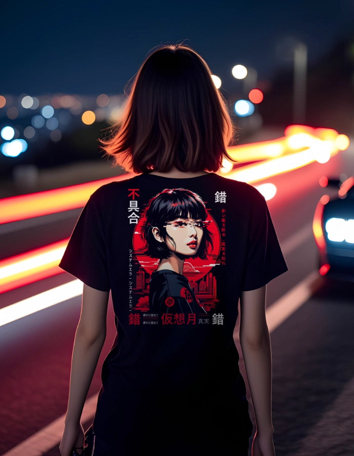 Female model wearing an eco-friendly black T-shirt with a glitchy cyberpunk anime girl and Japanese text. Captured at night with neon lights, blending futuristic streetwear and sustainable fashion.