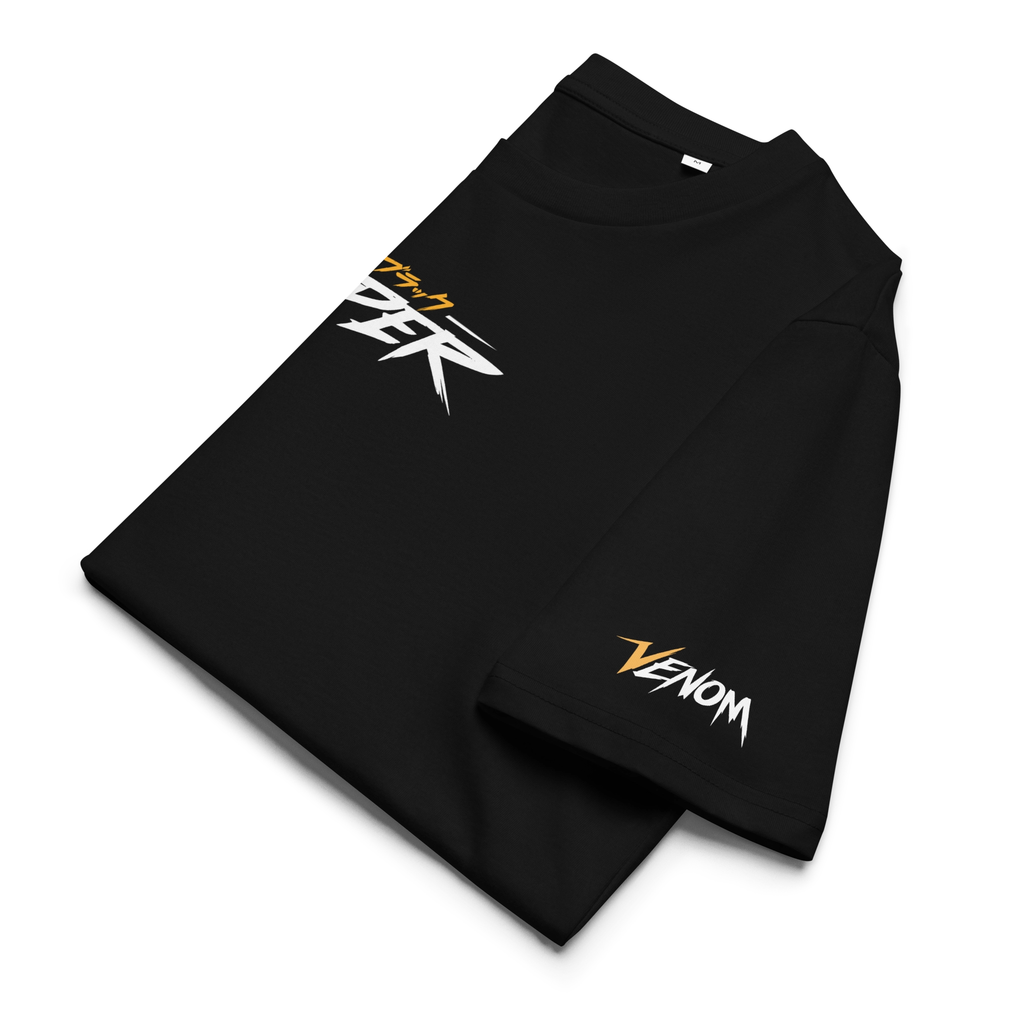 Folded black T-shirt showing “Black Viper” chest logo and orange/white “VENOM” sleeve print; minimalist anime streetwear detail.