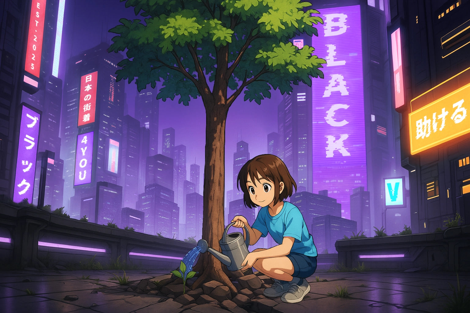 An anime-style girl waters a small plant that has grown into a tree in a futuristic city. This scene represents Black V's commitment to giving back by supporting WWF and UNICEF with every purchase.