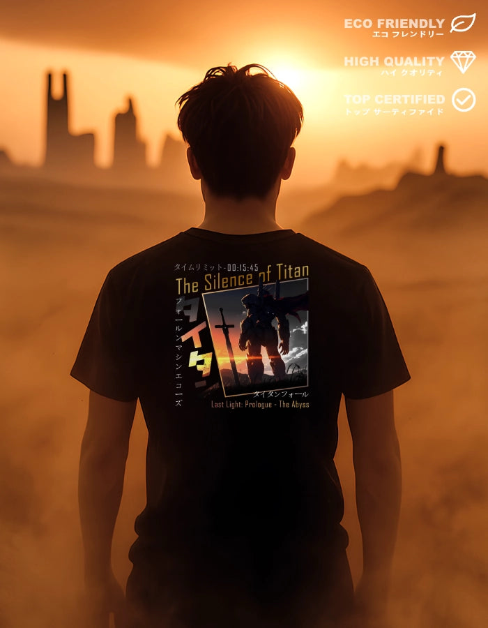 Model wearing a black t-shirt with a dramatic mecha design titled “The Silence of Titan.” A giant robot silhouette appears at sunset with cinematic flair. Futuristic, anime-inspired and eco-friendly streetwear.