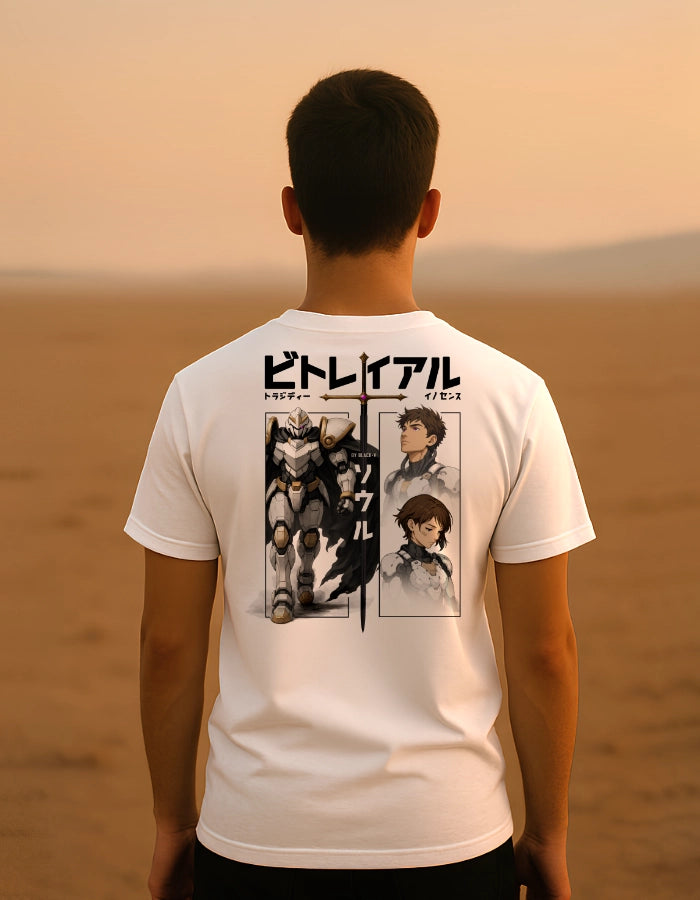Model wearing a white anime T-shirt with mecha and character artwork on the back, featuring a futuristic robot and two protagonists. Shot at sunset with eco-friendly, high-quality labels shown.