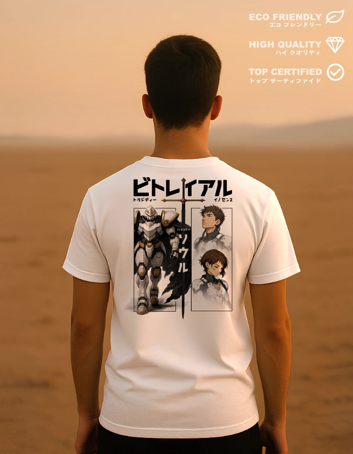 Model wearing a white anime T-shirt with mecha and character artwork on the back, featuring a futuristic robot and two protagonists. Shot at sunset with eco-friendly, high-quality labels shown.