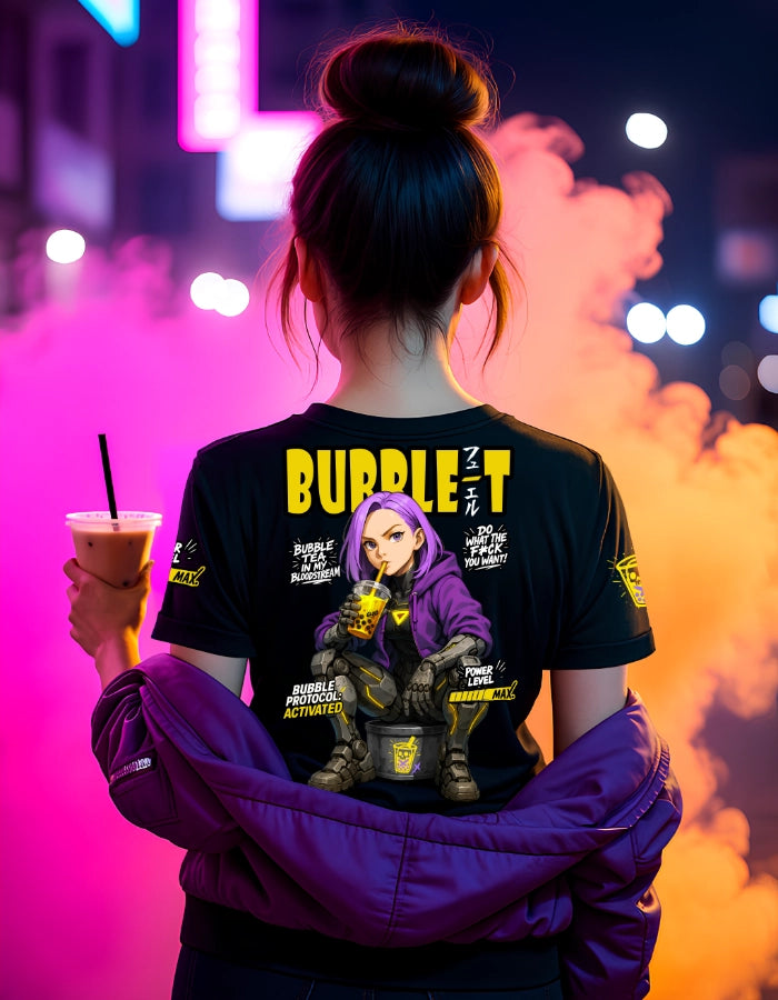 Model wearing a black cyberpunk t-shirt with a bold anime girl design drinking bubble tea. Futuristic graphics, robotic legs, and Japanese lettering create a unique streetwear style. Eco-friendly and high-quality certified.