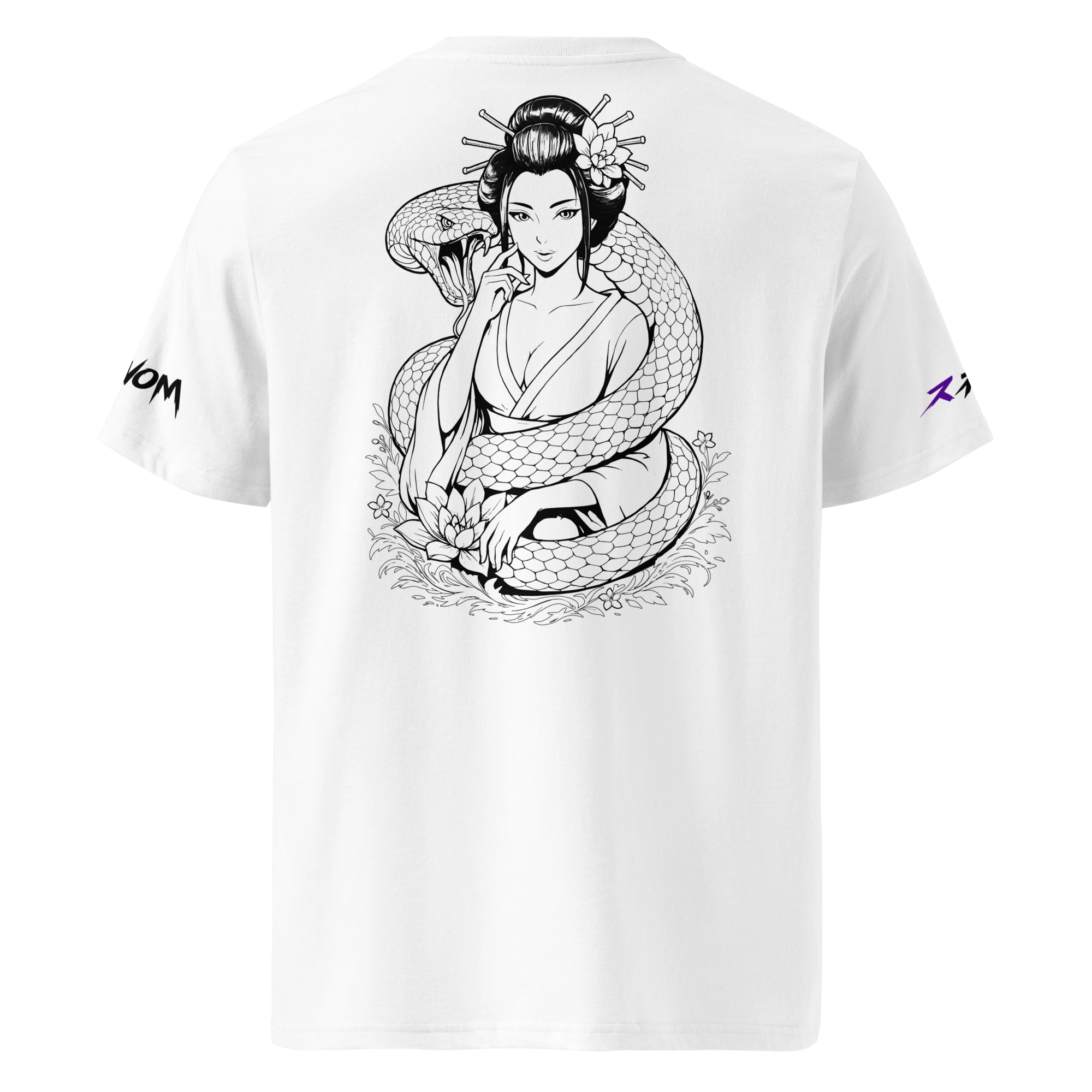 White T-shirt, back view: black line-art geisha entwined by a snake with floral accents. Japanese streetwear graphic; unisex, sustainable cotton.