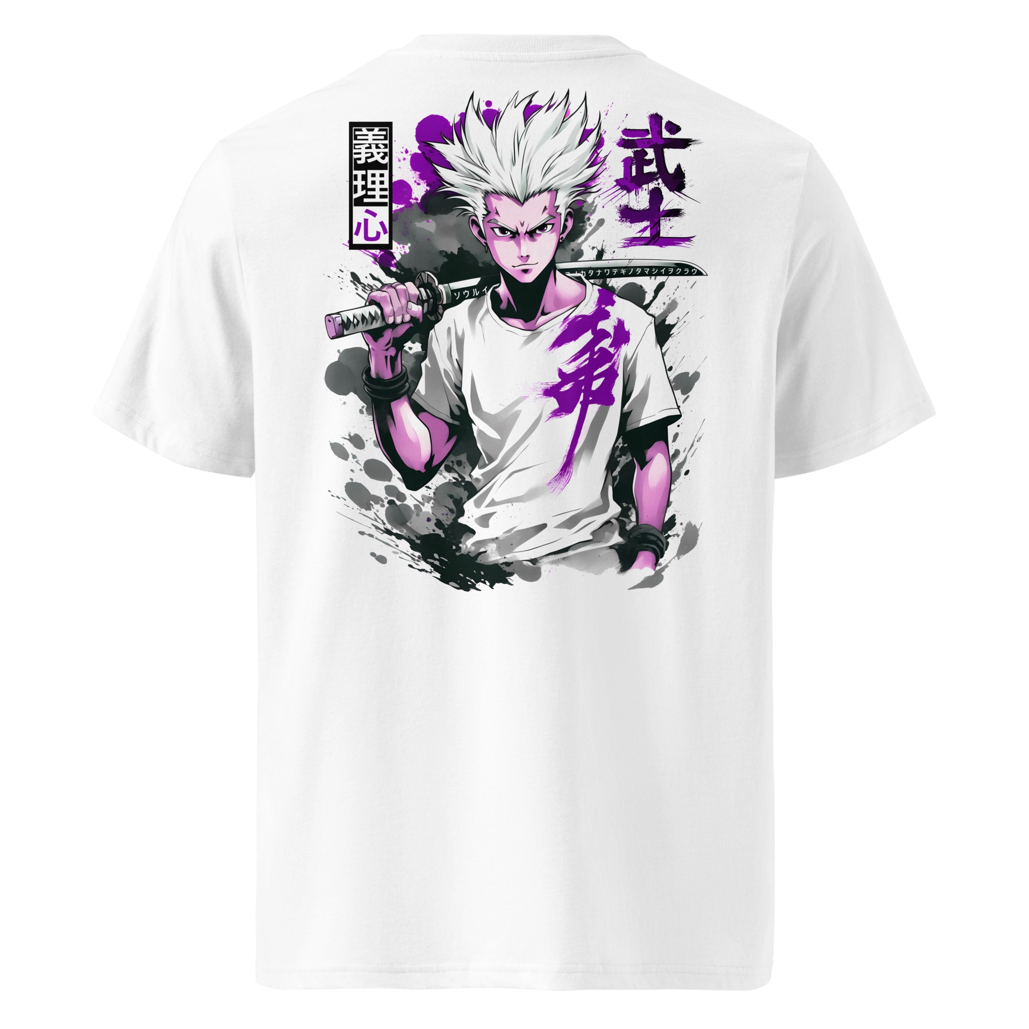 White T-shirt featuring a bold anime-style warrior with spiky white hair, holding a katana. Purple Japanese calligraphy and ink splashes surround the character for a dynamic streetwear look inspired by samurai spirit.