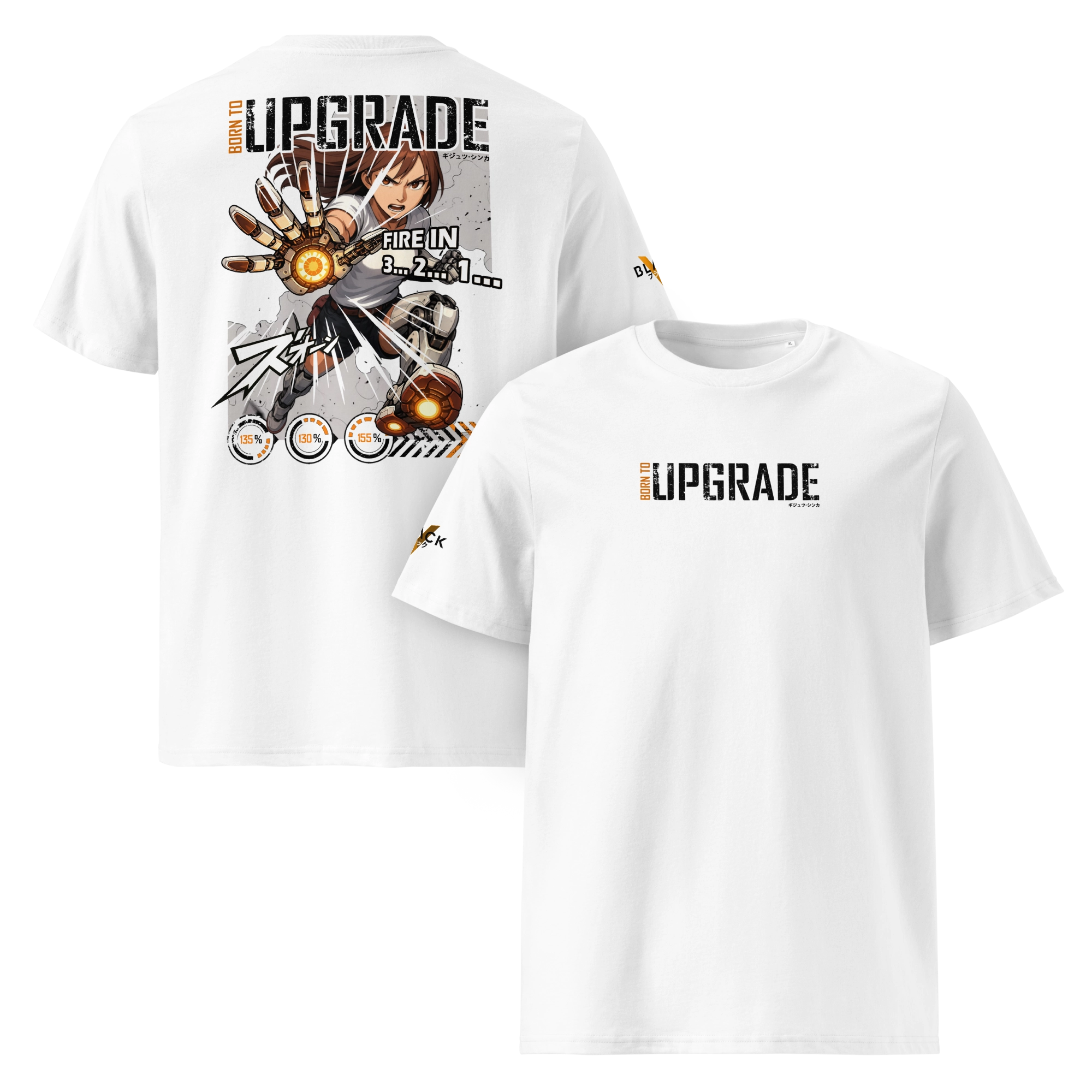 White unisex T-shirt with a bold anime-style design on the back, featuring a cybernetic hero in action and the words "Born to Upgrade." Front print includes minimalist "UPGRADE" text with Japanese characters.