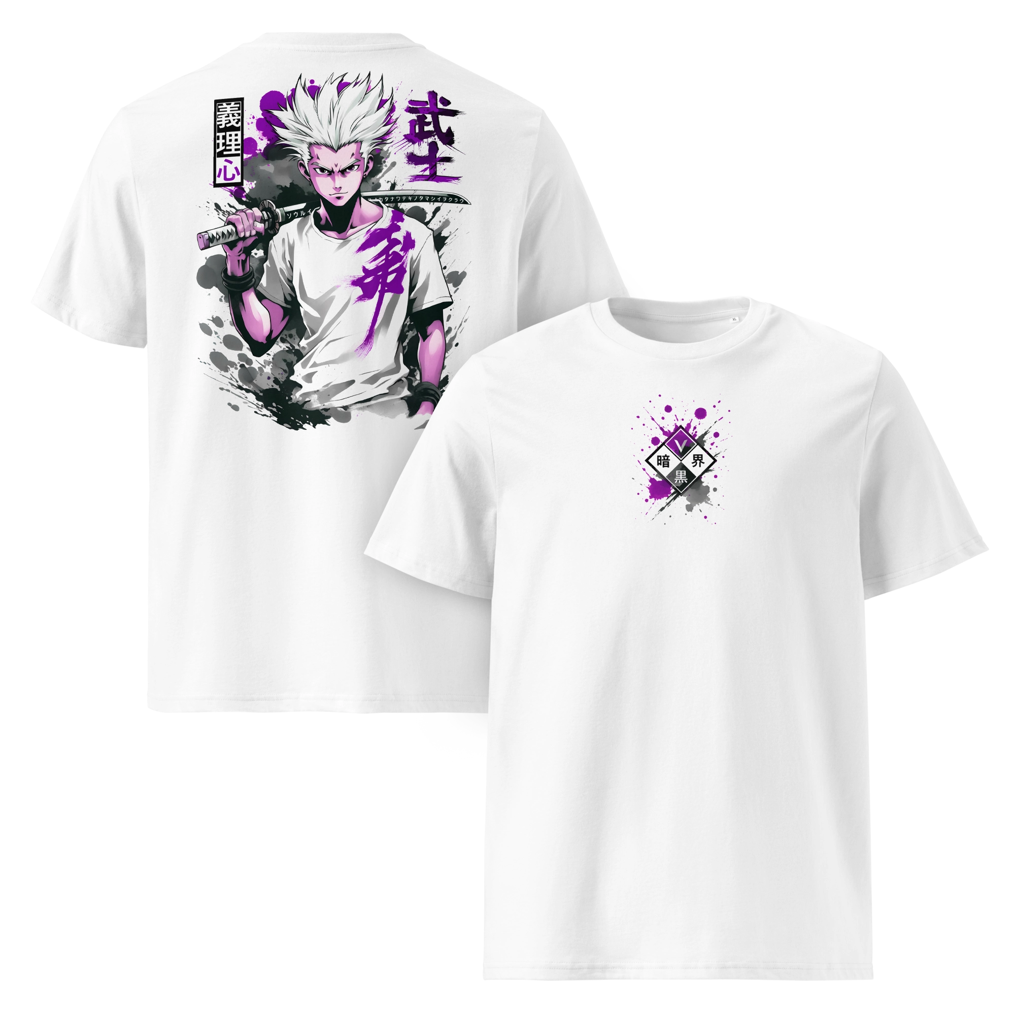 White eco-friendly anime T-shirt shown from front and back. Features a fierce samurai-style character with katana on the back and a minimalist purple-black crest on the front. Made with high-quality sustainable fabric.