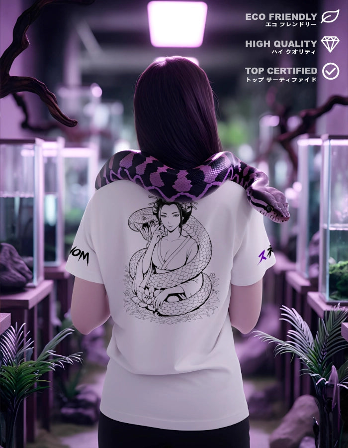 Model in terrarium setting wearing white tee; back print features geisha wrapped by a snake. Eco-friendly, high-quality Japanese streetwear.
