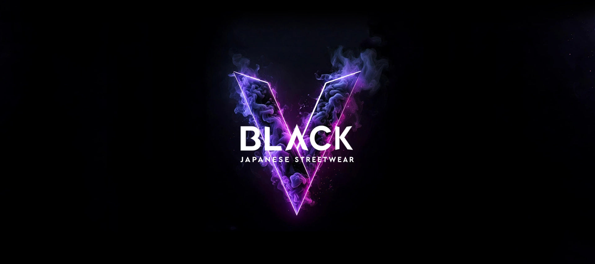 Logo of Black-V, a Japanese streetwear brand. A glowing purple V made of smoke and neon lines stands behind the word BLACK, symbolizing bold identity, modern fashion and urban aesthetics in a minimalist design.