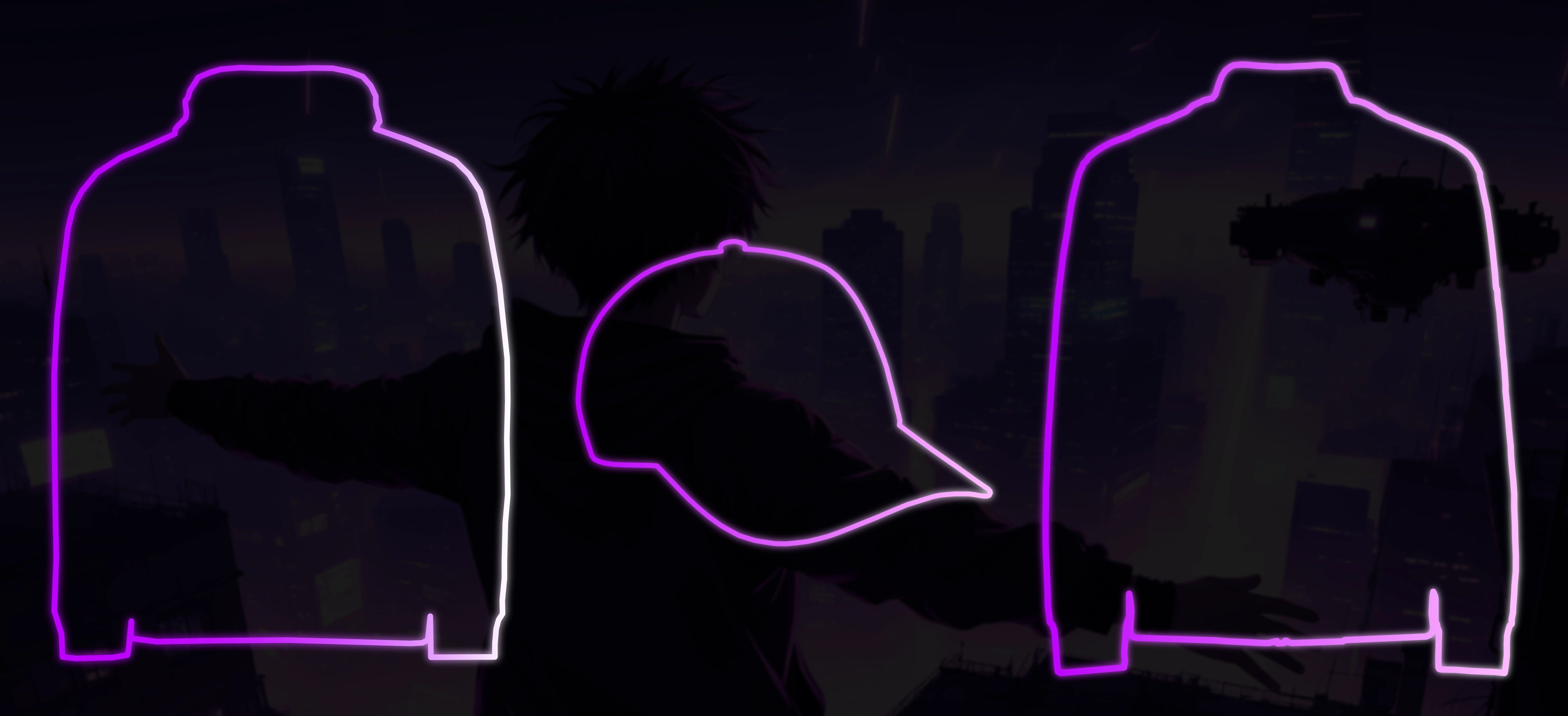 Neon outlines of a cap, bomber jacket, and hoodie glow in purple and pink on a futuristic street scene. A preview of upcoming Black-V streetwear essentials, blending cyberpunk aesthetics with minimalist Japanese design.