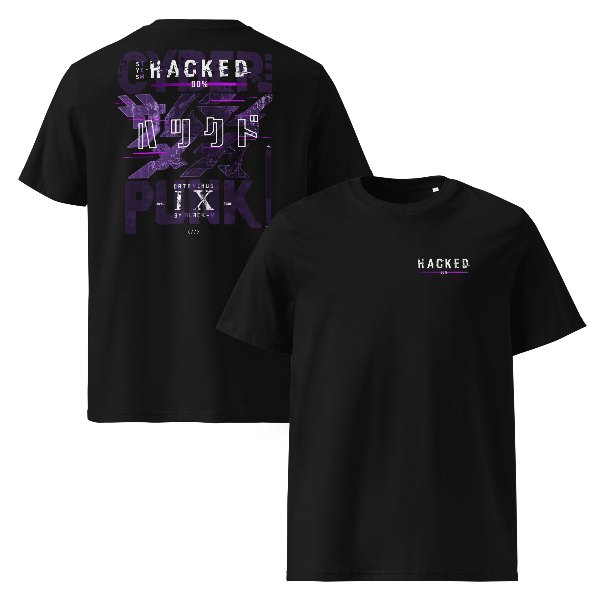 Black cyberpunk-style T-shirt featuring a small “HACKED 90%” glitch design on the front and a bold graphic on the back with Japanese text, digital glitch elements, and purple cyberpunk aesthetics.
