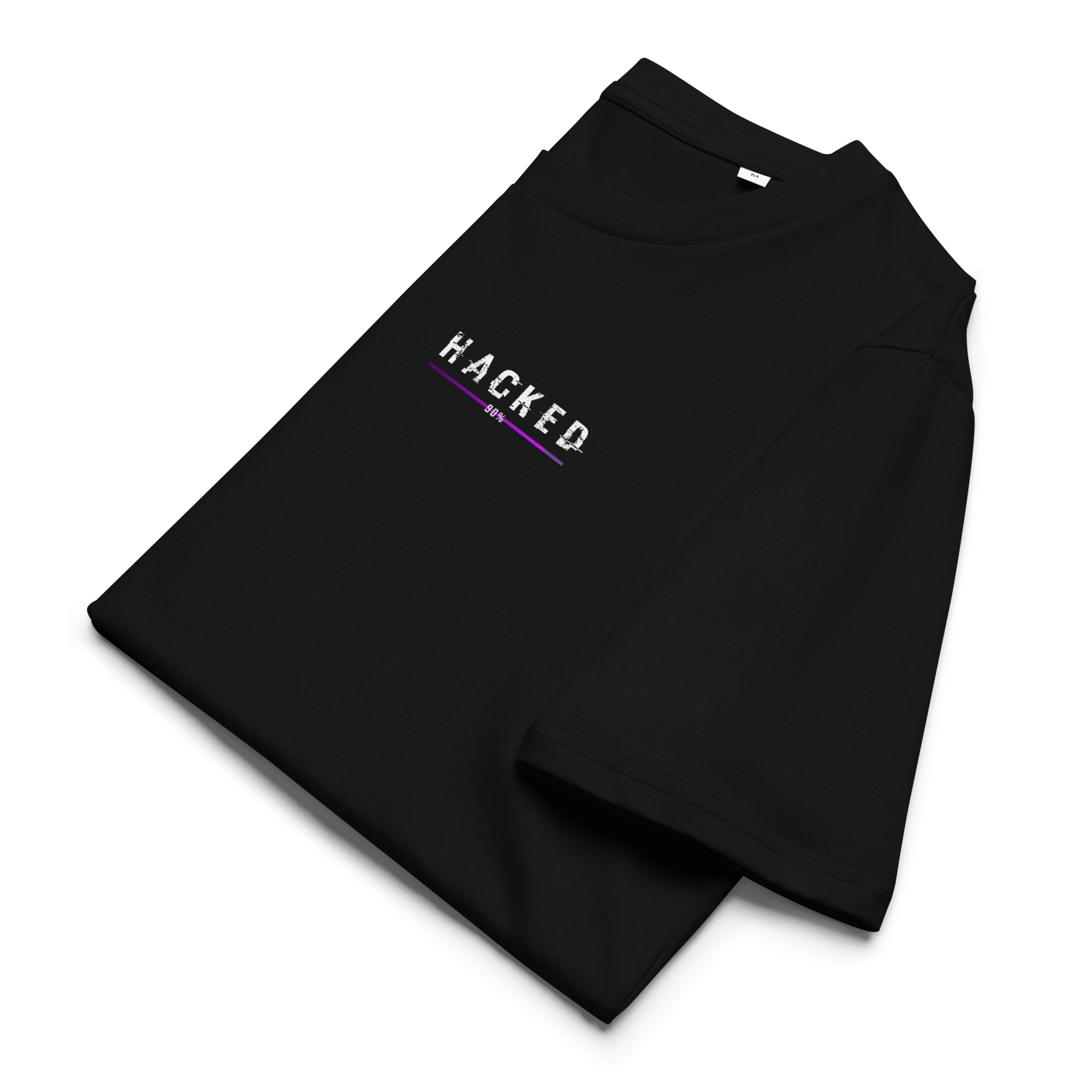 Folded black cyberpunk T-shirt showcasing the glitch-style “HACKED 90%” graphic in white and purple on the chest. Minimalist design with a modern techwear vibe.
