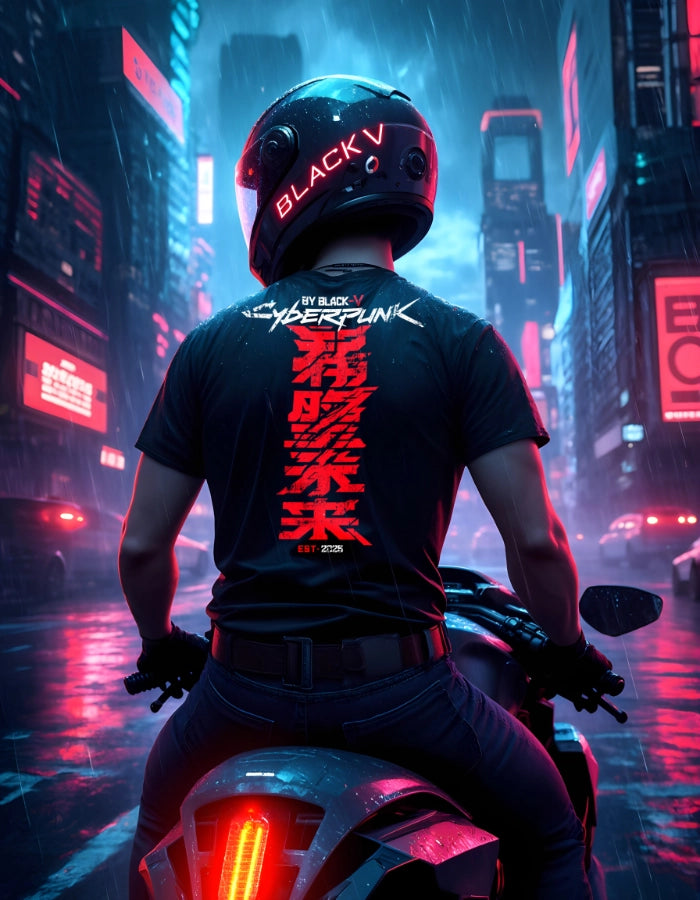 Model wearing a black Cyberpunk T-shirt with bold red Japanese text and “Cyberpunk by Black-V” logo, sitting on a motorcycle in a neon-lit rainy city. 