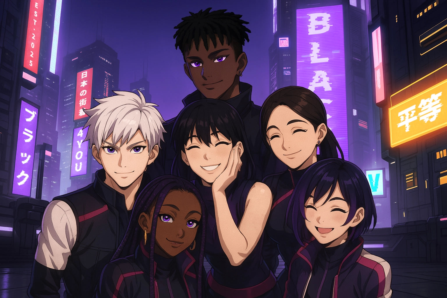 A diverse group of anime-style characters stands united, smiling warmly in a futuristic cityscape. This image reflects Black V's core value: equality for all, regardless of origin, sexuality, or gender.