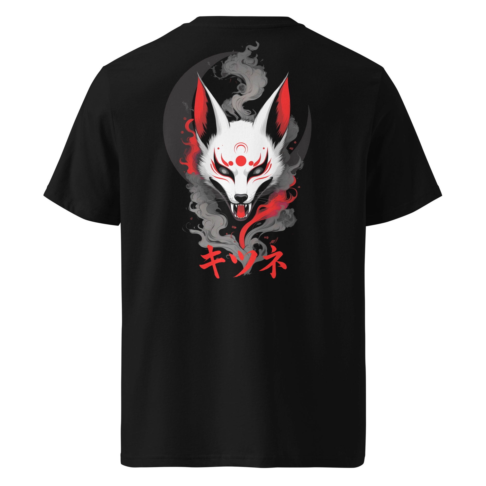 Black unisex T-shirt featuring a fierce Kitsune fox design with red and grey smoke elements and Japanese katakana text. Bold and mystical streetwear in Japanese tattoo style.