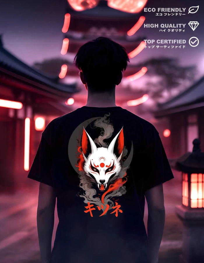 Model wearing a black unisex T-shirt with a white Kitsune fox design, red markings, smoke details, and katakana text. Set in a moody Japanese street scene with glowing lanterns.