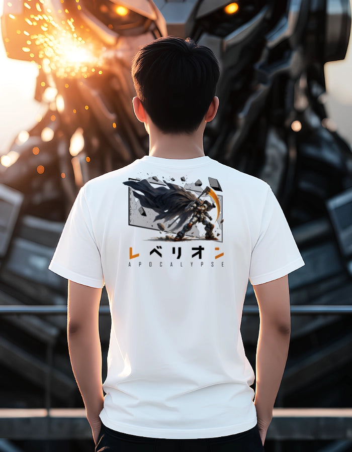 Model wearing a white unisex T-shirt featuring a striking anime mecha design with dynamic debris and the word "Apocalypse" in Japanese and English. Perfect for fans of futuristic battles and bold streetwear.