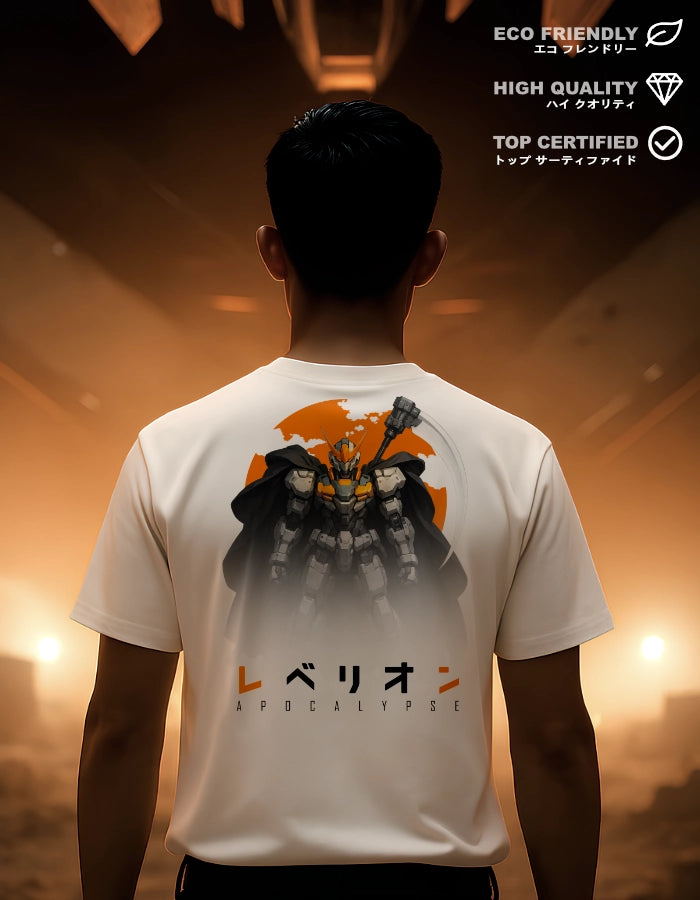 Model wearing a white anime mecha T-shirt with a dramatic robot design featuring a cape and scythe, set against an orange background. Text highlights eco-friendly, high-quality, and certified production.