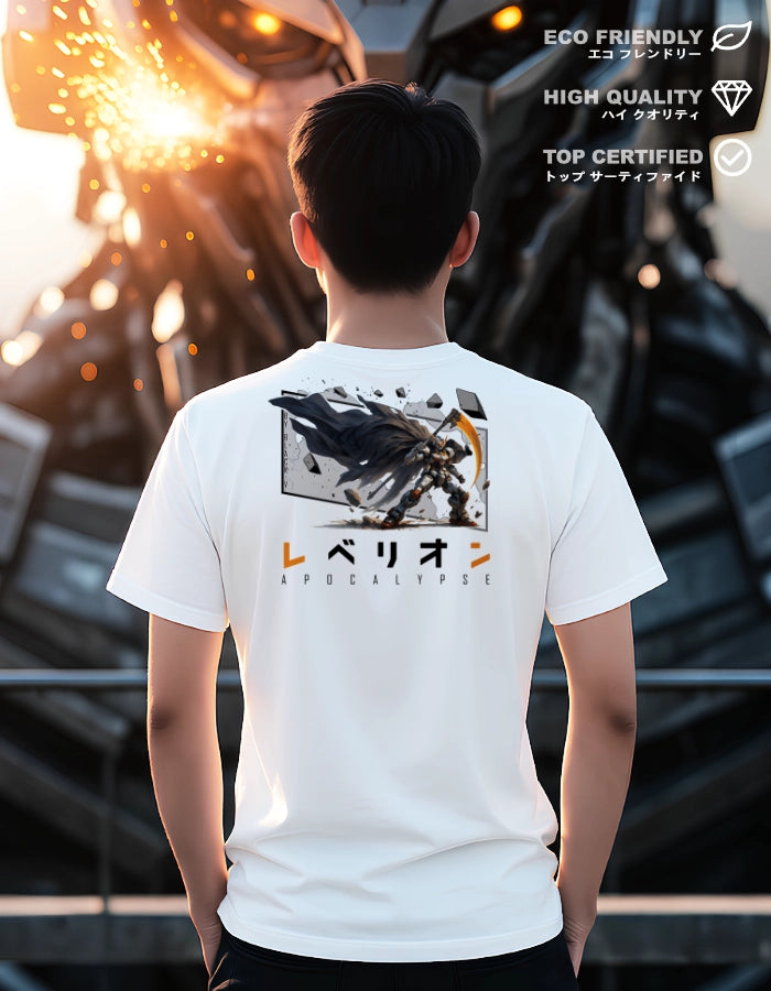 Model wearing a white unisex T-shirt featuring a striking anime mecha design with dynamic debris and the word "Apocalypse" in Japanese and English. Perfect for fans of futuristic battles and bold streetwear.