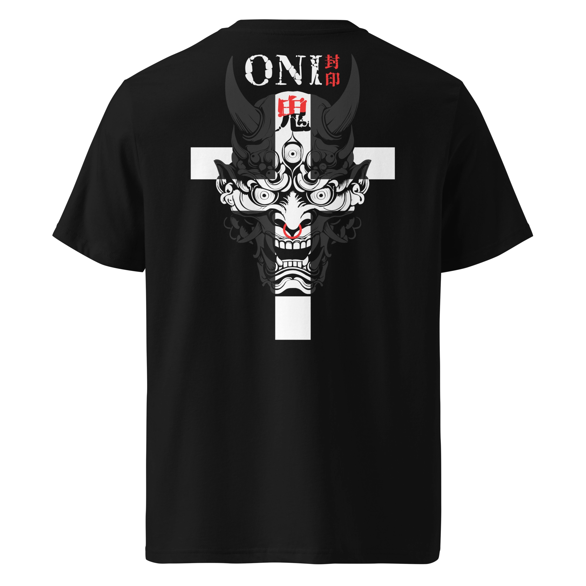 Black eco-friendly T-shirt with a bold Oni mask design in black, white, and red. Features Japanese kanji and a cross-like layout on the back, combining traditional demon imagery with modern streetwear style.