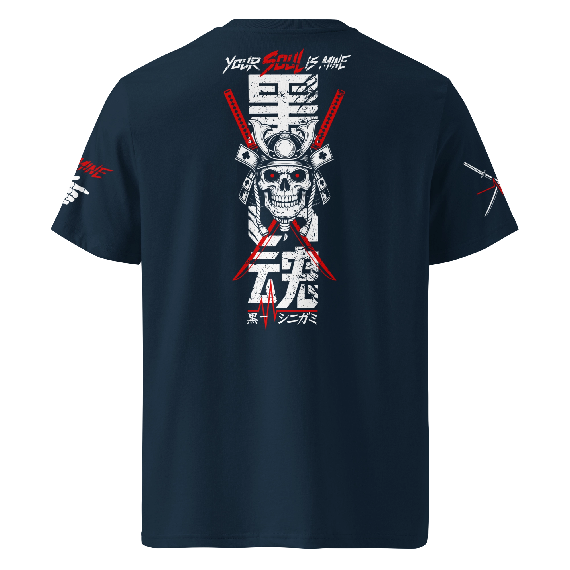 Back view of a navy blue Japanese streetwear T-shirt featuring a samurai skull with red katanas, bold kanji reading “Black-V” and “Shinigami.” Striking design meets sustainable and high-quality unisex fashion.