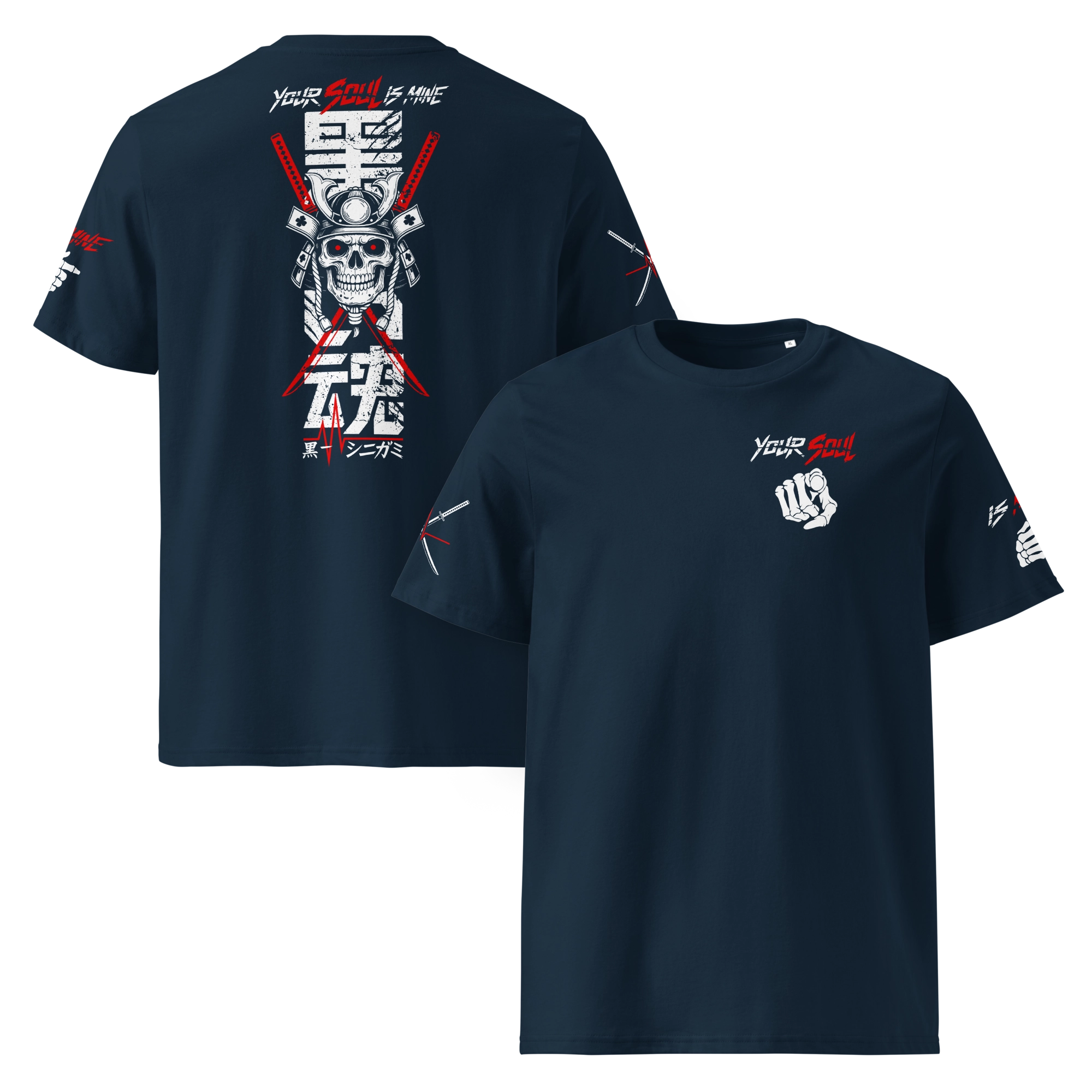 Navy blue unisex T-shirt with samurai skull, red katanas, and Japanese kanji for "Black-V" on the back. Front shows "Your Soul is Mine" and skeletal hand. Bold, sustainable streetwear design.