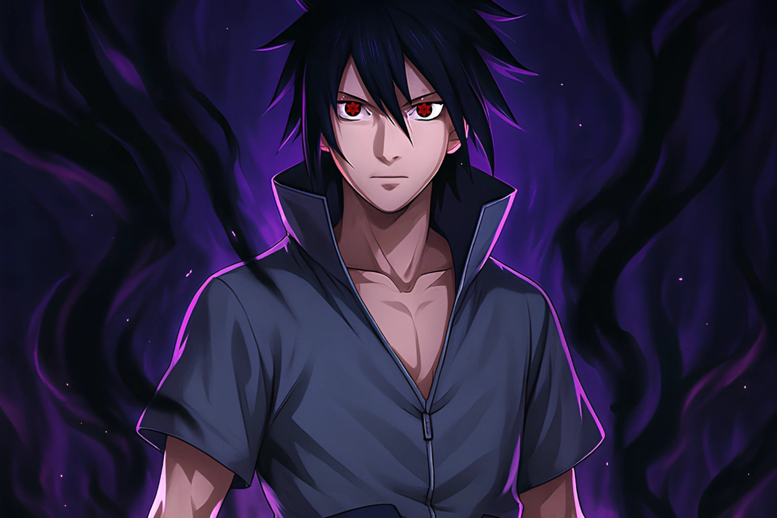 Sasuke Uchiha from Naruto, drawn in anime style. He stands with a serious expression and glowing red Sharingan eyes, surrounded by swirling black-violet energy, wearing a dark open-collar outfit.