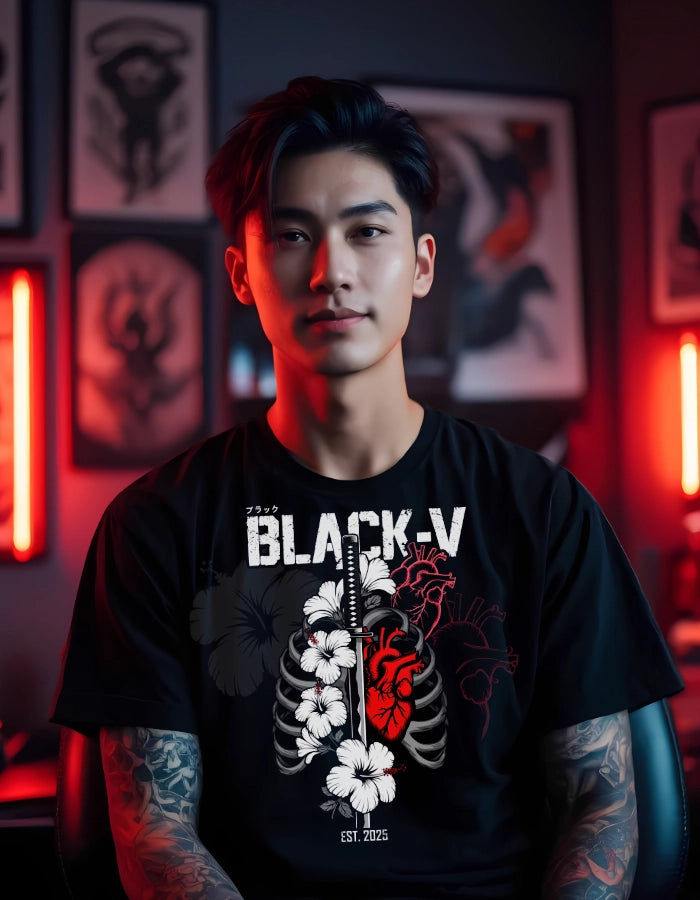 Tattoo-inspired black T-shirt worn by a model in a neon-lit room. Features ribcage, katana, red anatomical heart, and white hibiscus flowers. Japanese streetwear. Eco-friendly and top certified.